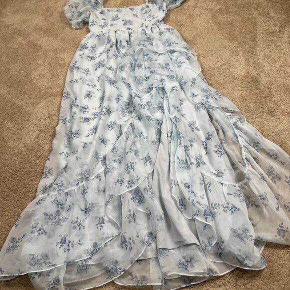 Storia Dress Womens M Blue Floral Coquette Ruffle Milkmaid Corset Puff Wedding - Picture 6 of 11